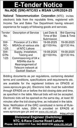 National Telecommunication Corporation Lahore Tender Notice